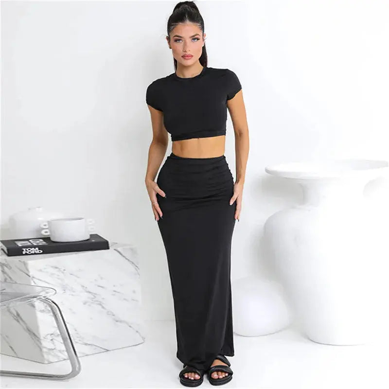Women's High Waist Crop Top Tirt ort Sve Ethnic Sle  Color Spring Faion Set Tee Pieces Ensemble NNOS
