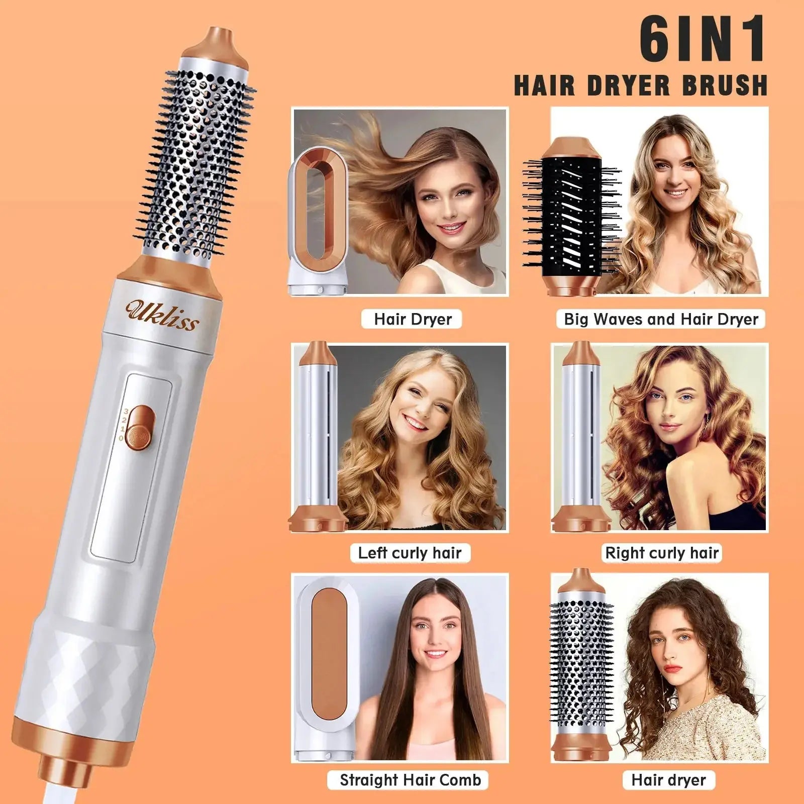 Ukliss 6 In 1 Electric Hair Dryer Brush White gold Blow Dryer Comb Hair Curling Wand Detachable Brush Kit Negative Ion Curler NNOS