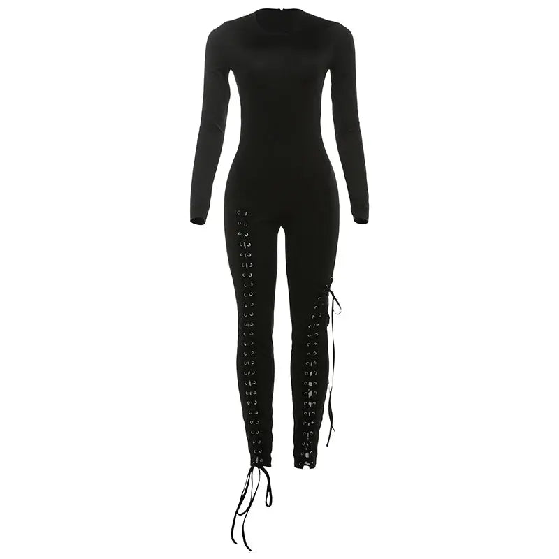 Sexy Fall Jumpsuits for Women DIY Shirring O-Neck Full Sleeve Stretch Polyester Slim Fit Ankle-Length Party Clubwear NNOS