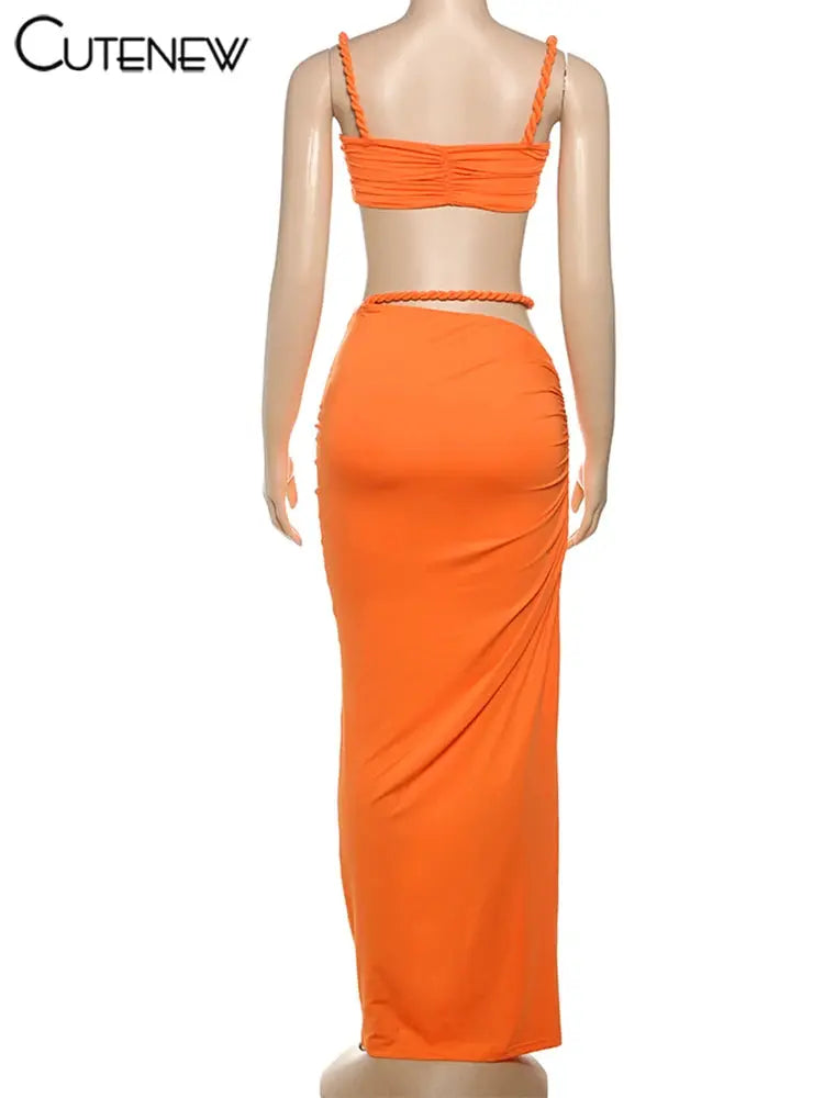 CuteNew Women’s 2-Piece Set – Pleated Crop Cami & Shirred High-Waist Maxi Skirt NNOS