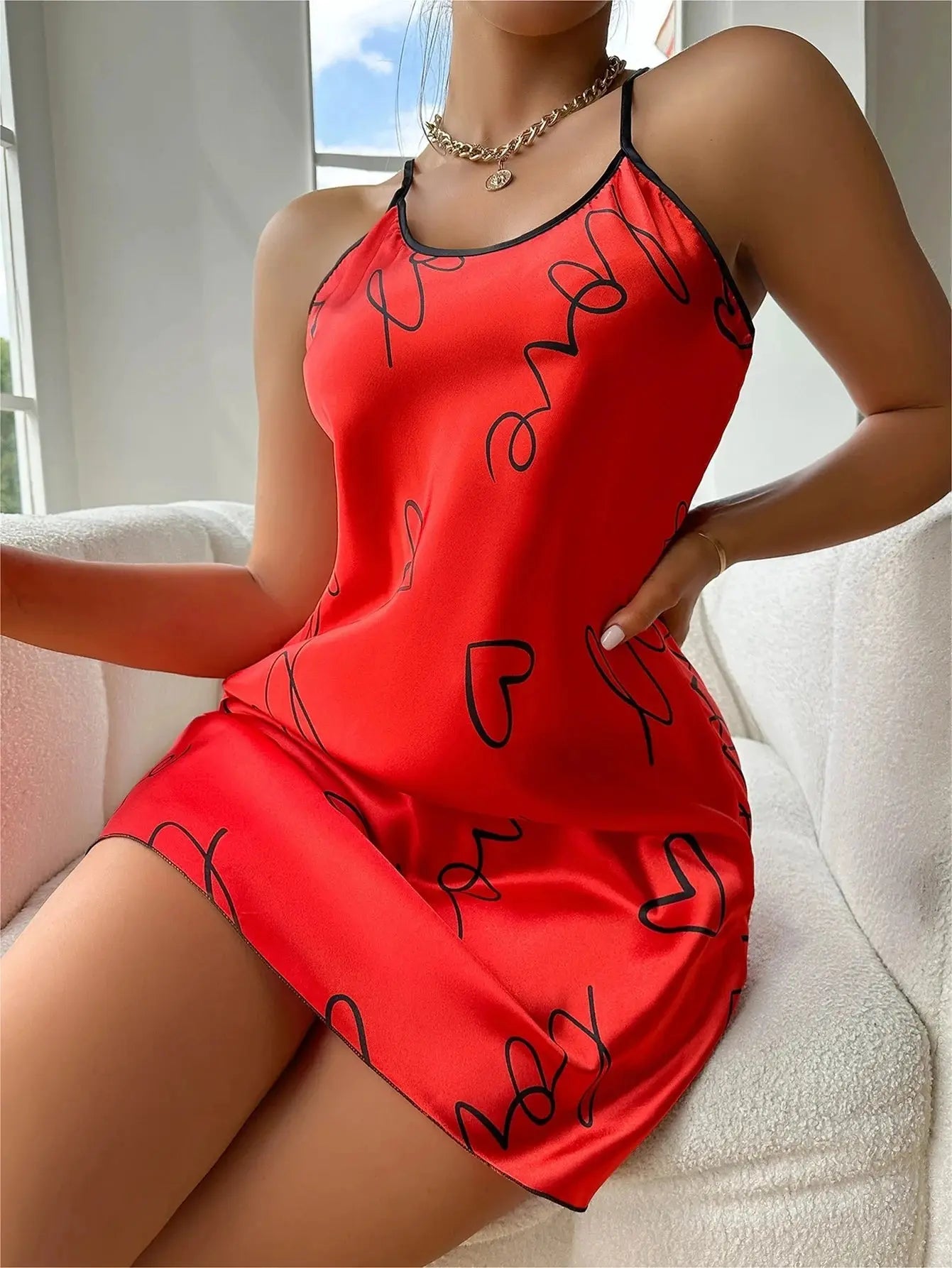Heart Letter Print Nightdress Casual Round Neck Spaghetti Strap Sleep Dress Women's Sleepwear Dresses NNOS