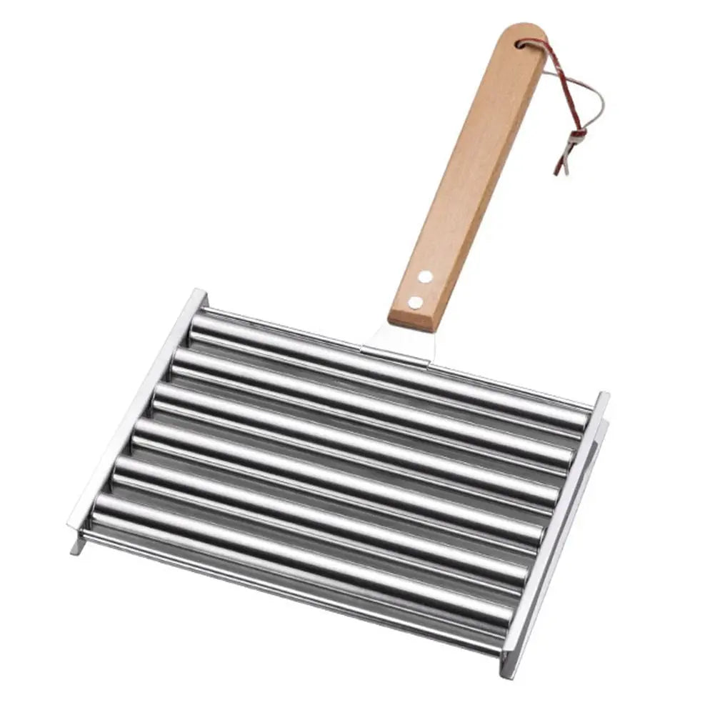 Hot Dog Roller Sausage Roller Rack Stainless Steel Hot Dog Grill Roller with Wooden Handle BBQ Hotdog Roller Grill Accessories NNOS