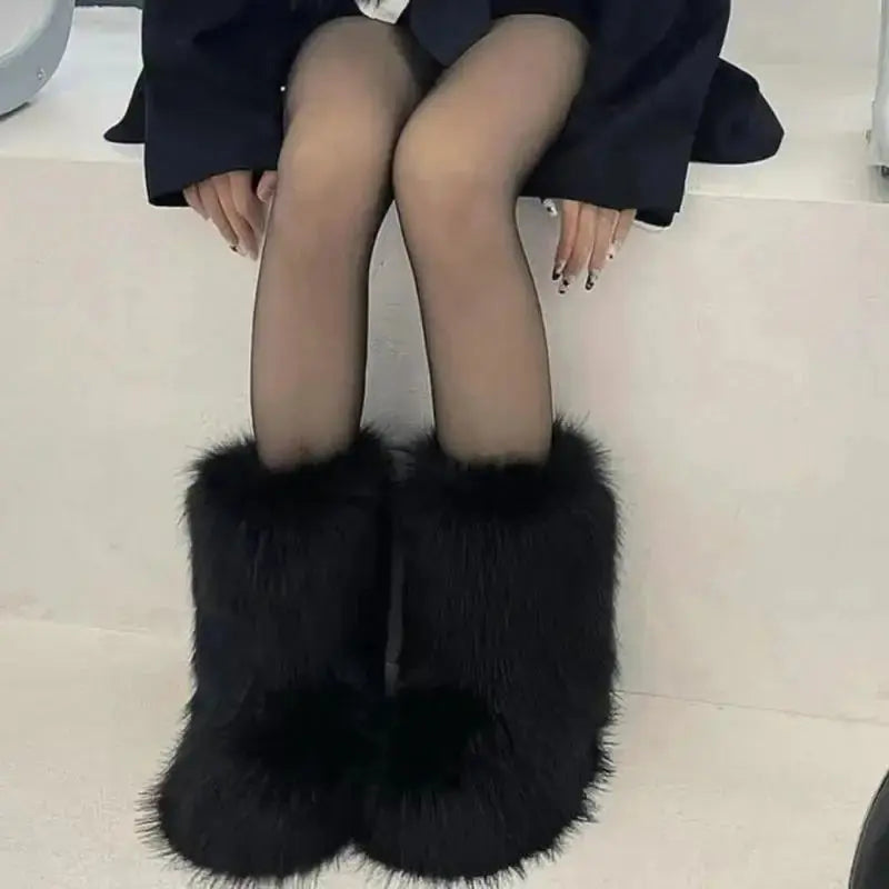 Y2K Fluffy Mid-calf Boots Winter Women Fashion Snow Boots Warm Cotton Shoes NNOS