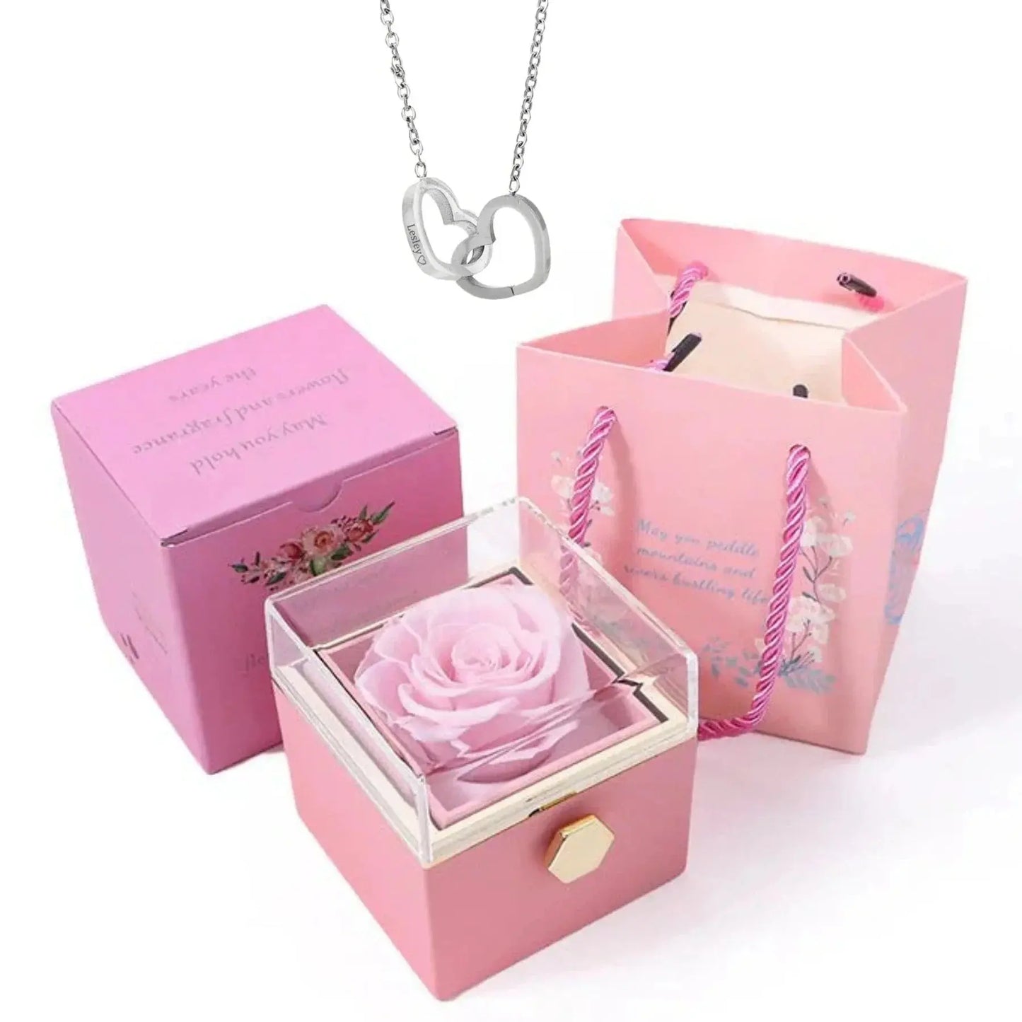 PolishedPlus Custom Names Heart Necklace Rotating Rose Box Pendant Chain Personalized Jewelry NNOS