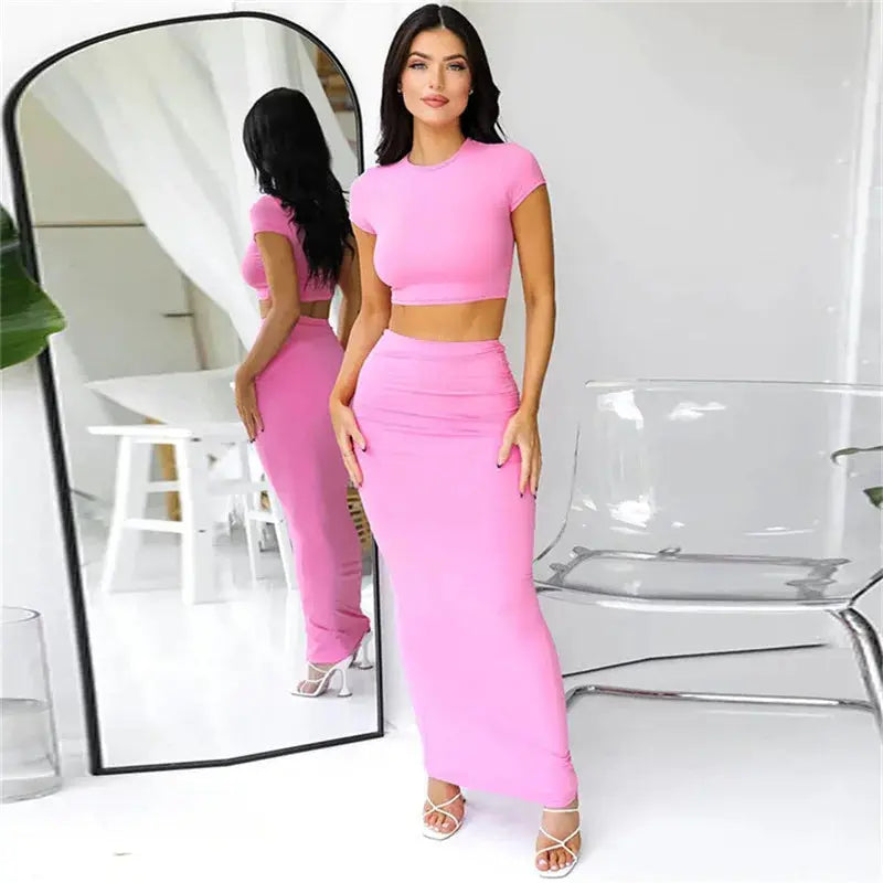 Women's High Waist Crop Top Tirt ort Sve Ethnic Sle  Color Spring Faion Set Tee Pieces Ensemble NNOS