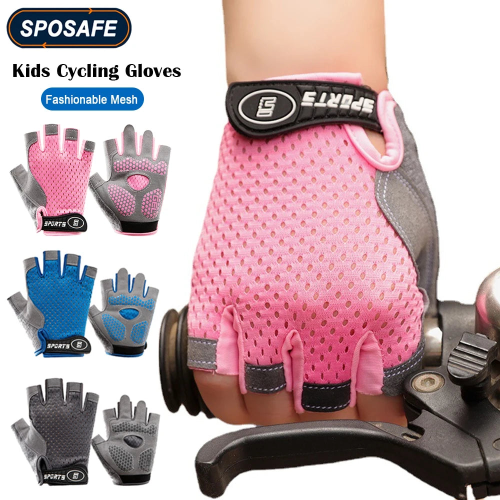 1Pair Non-slip Kids Gloves Half Finger Thickened Palm Protective Faux Leather Tear Resistant - Cycling Climbing Kid Sport Gloves NNOS