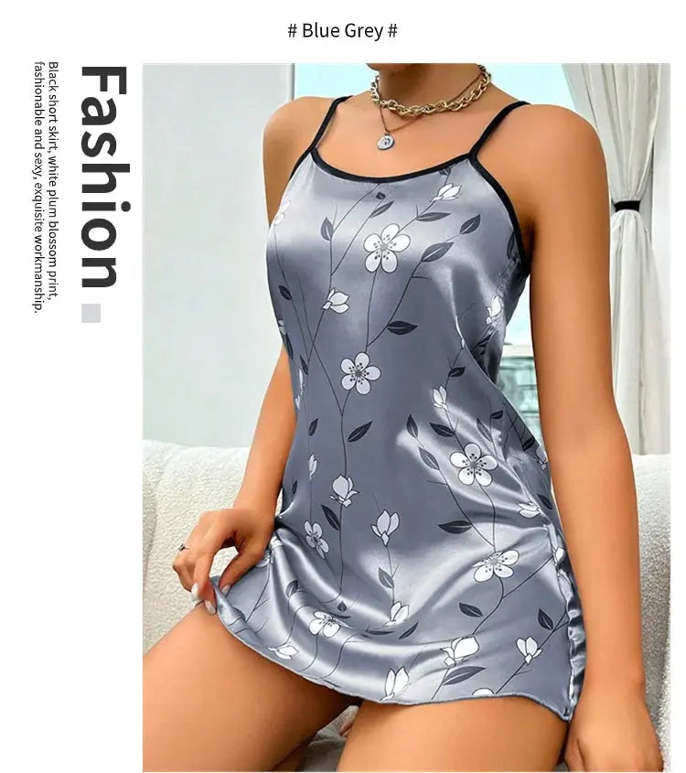 Women's Sleepdress Satin Floral Print Nightdress Comfortable Spaghetti Strap Sleepwear Dress Luxurious Satin Slip Nightdress NNOS