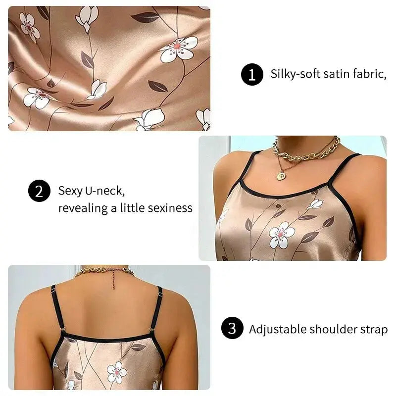 Women's Sleepdress Satin Floral Print Nightdress Comfortable Spaghetti Strap Sleepwear Dress Luxurious Satin Slip Nightdress NNOS