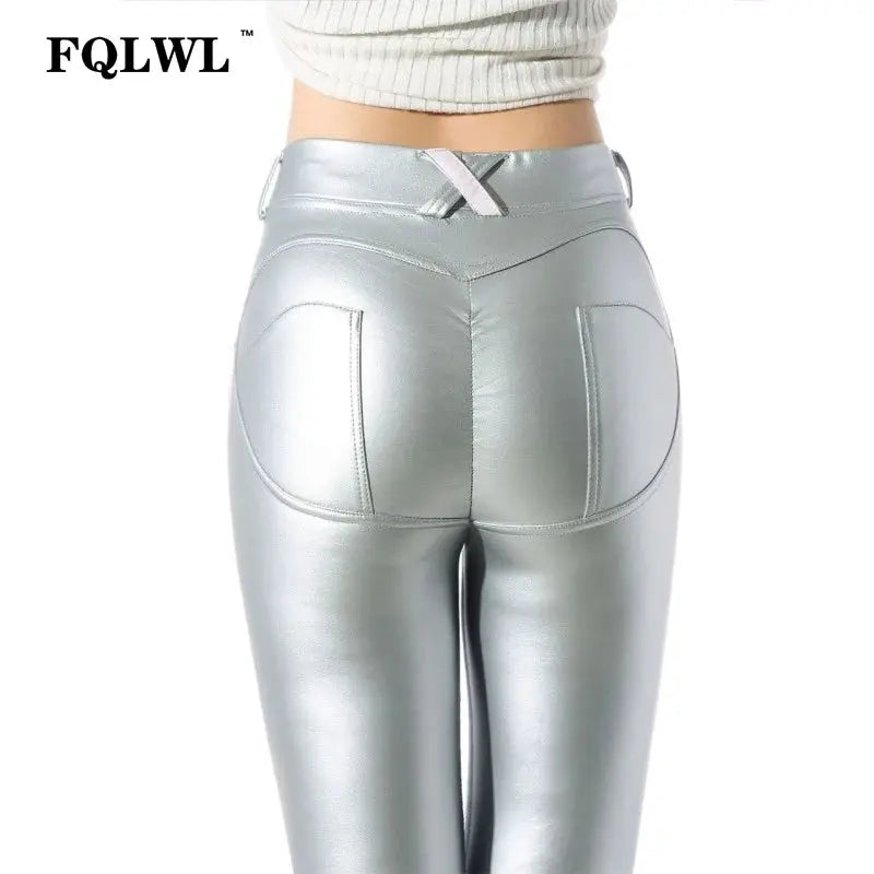 FQLWL Women's High-Waisted Faux Leather Leggings – Sexy Bodycon Black PU Pants for Casual, Winter, or Summer Wear NNOS