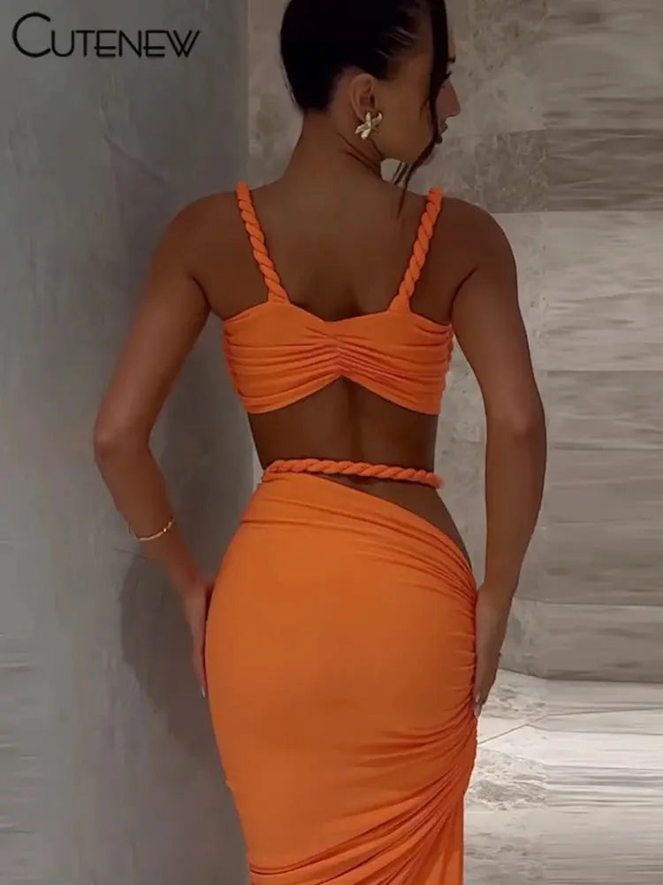 CuteNew Women’s 2-Piece Set – Pleated Crop Cami & Shirred High-Waist Maxi Skirt NNOS