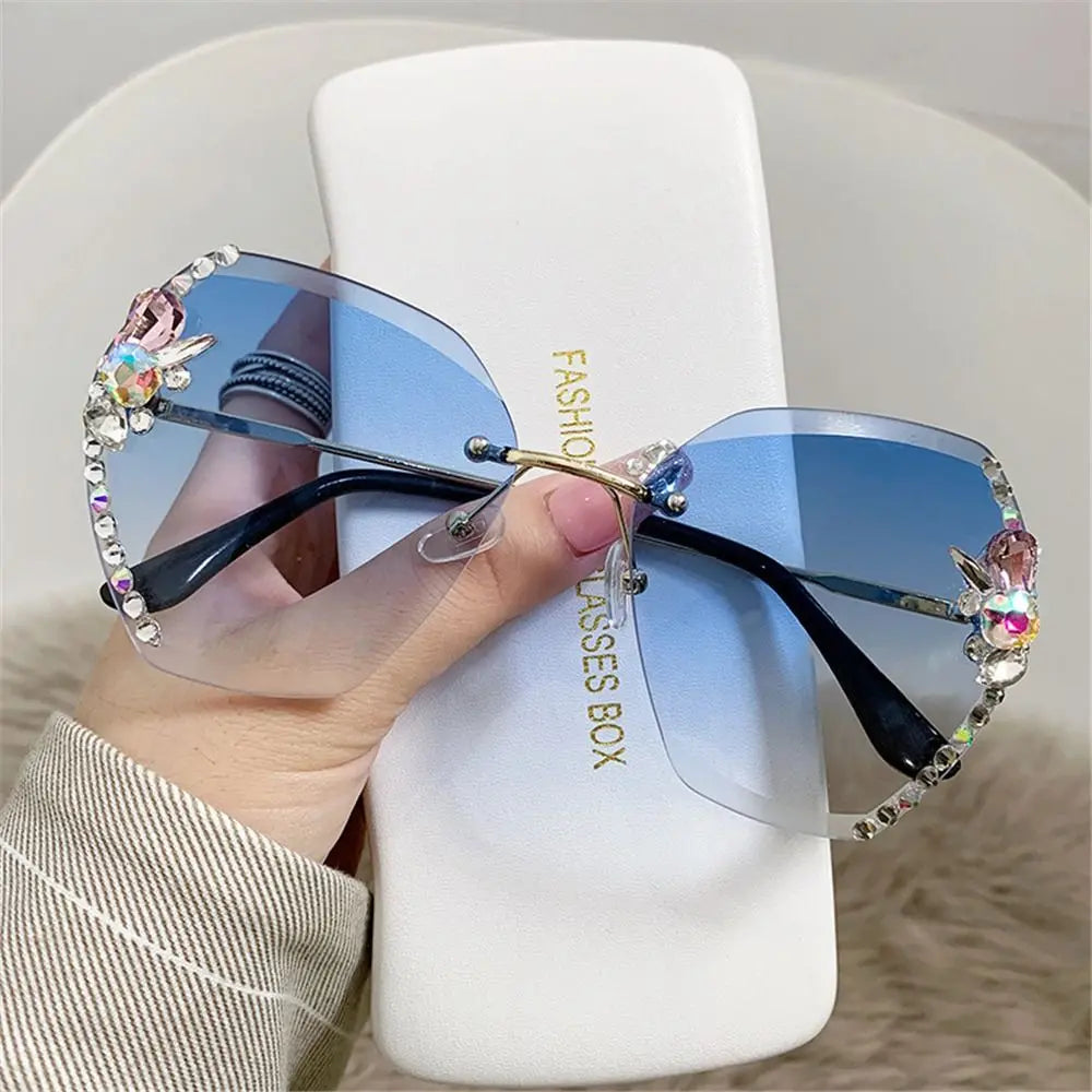UV400 Rimless Rhinestone Sunglasses for Women – Shiny Diamond Cutting Lens Frameless Fashion Sunglasses NNOS