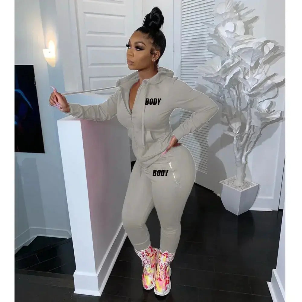 Women's Spring Winter 2 Piece Set Zipper Fly Hoodie And Pants Outfit High Stretch Polyester Spandex Body Letter Tracksuit Sweatsuit NNOS
