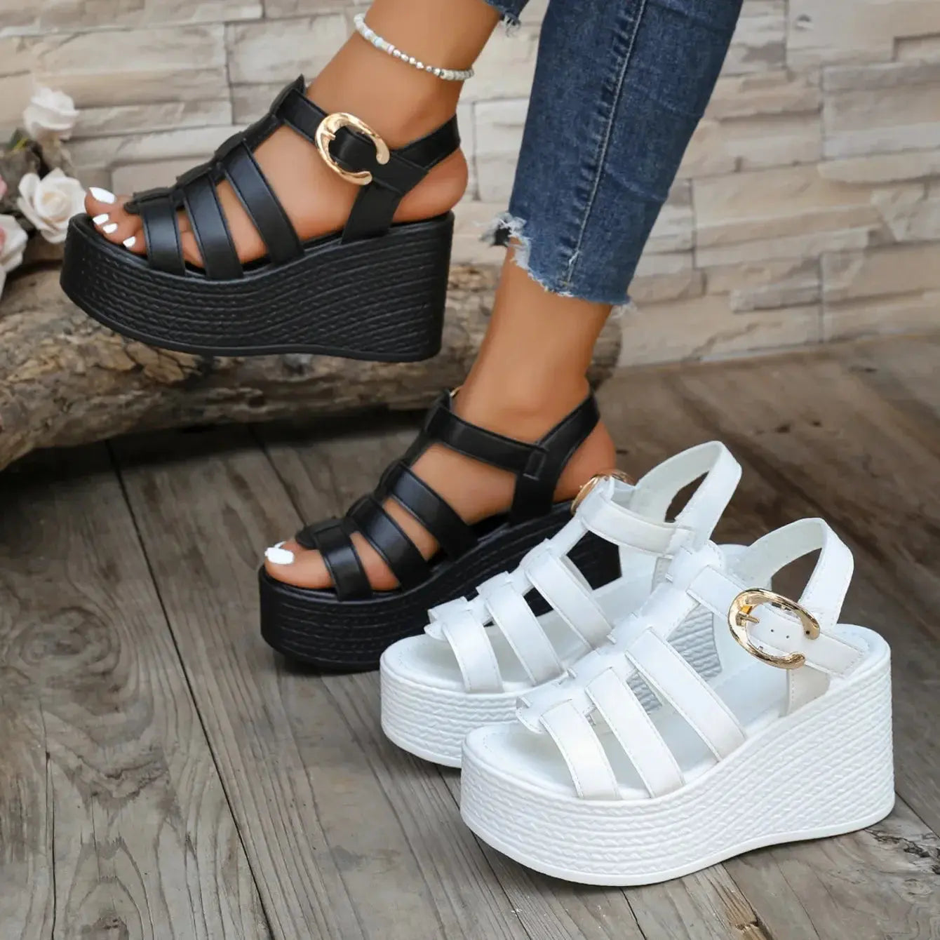 Summer Ankle Buckle Women Wedge Sandals Patchwork Platform Sandals Breathable Comfort Non-slip Soft Sole Gladiator Shoes Women NNOS