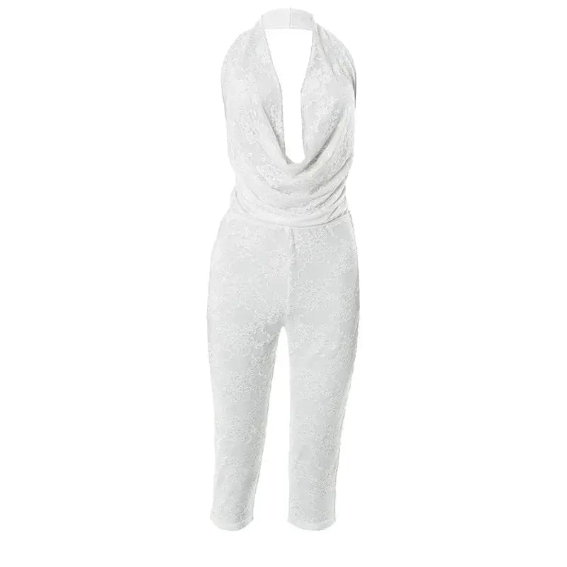 Joskaa 2025 Summer Lace Swing Collar Capri Pants Jumpsuits Women Sexy Halter Backless Bandage Skinny Rompers Midnight Clubwear NNOS