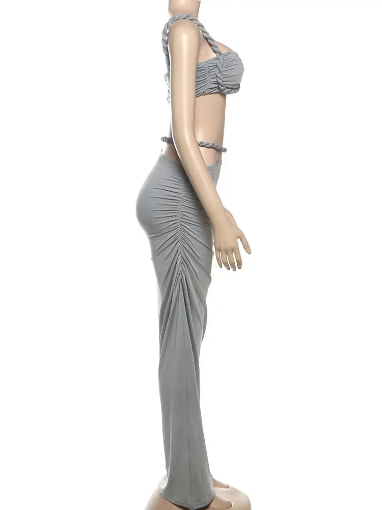 CuteNew Women’s 2-Piece Set – Pleated Crop Cami & Shirred High-Waist Maxi Skirt NNOS