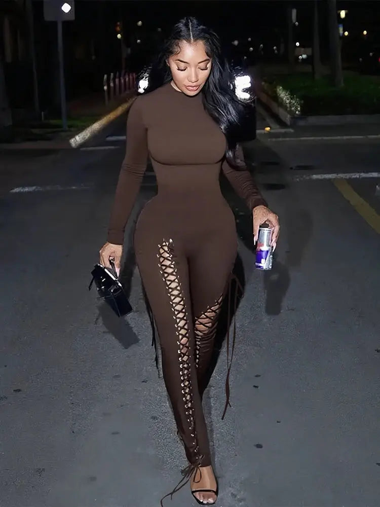 Sexy Fall Jumpsuits for Women DIY Shirring O-Neck Full Sleeve Stretch Polyester Slim Fit Ankle-Length Party Clubwear NNOS