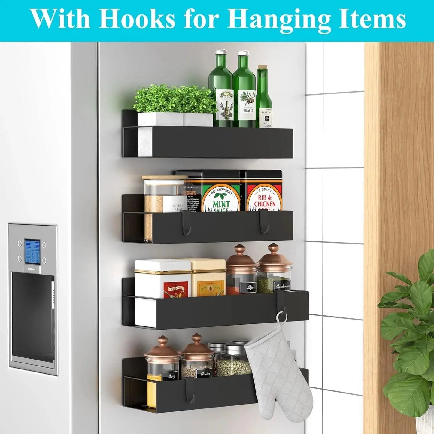 HuggieGems 4 Pack Magnetic Spice Storage Rack Organizer for Refrigerator and Oven Black Fridge Storage Holders Eye Catching Short NNOS
