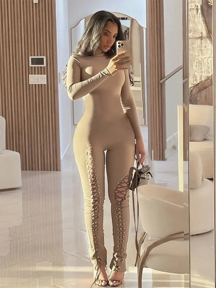 Sexy Fall Jumpsuits for Women DIY Shirring O-Neck Full Sleeve Stretch Polyester Slim Fit Ankle-Length Party Clubwear NNOS