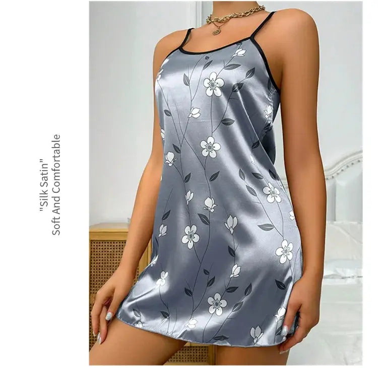 Women's Sleepdress Satin Floral Print Nightdress Comfortable Spaghetti Strap Sleepwear Dress Luxurious Satin Slip Nightdress NNOS