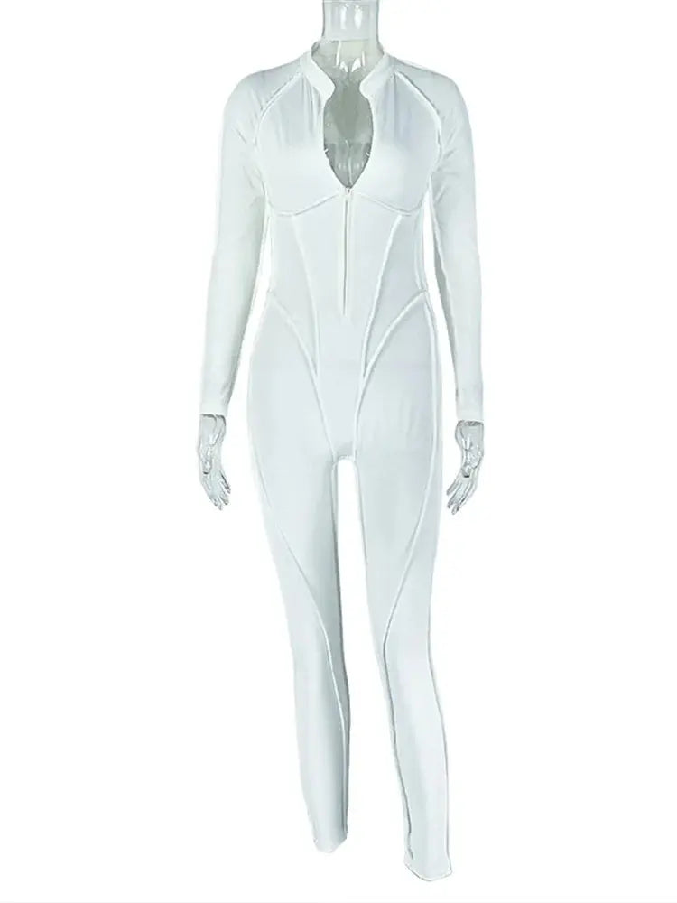 Women's Casual Sporty Zip Low-Neck Backless Jumpsuit Full Sleeve Skinny Peach High Street Style Solid Overalls Middle Age Size NNOS