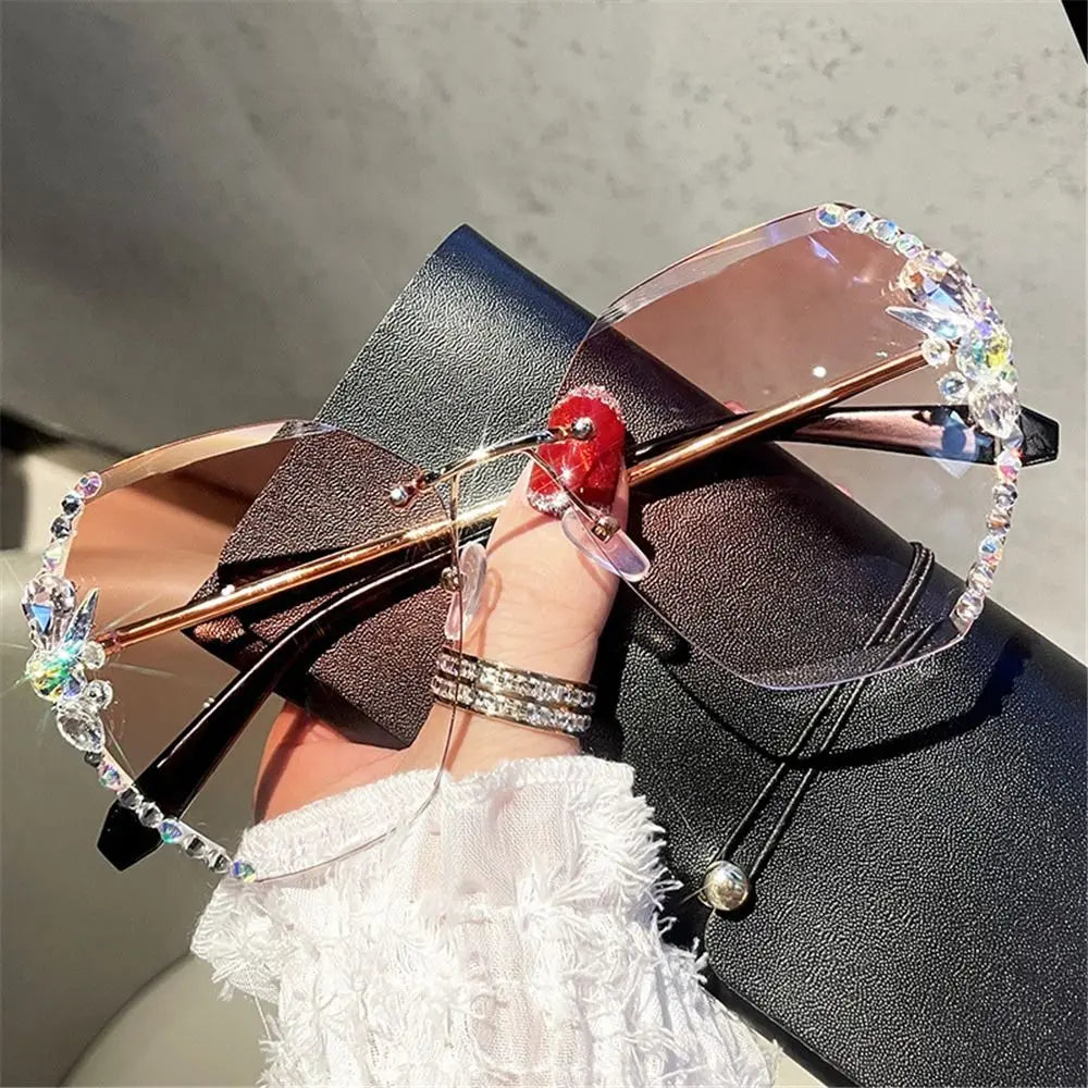 UV400 Rimless Rhinestone Sunglasses for Women – Shiny Diamond Cutting Lens Frameless Fashion Sunglasses NNOS