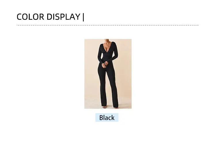 Black Pleated Big Flare Jumpsuit V Neck Long Sleeve Slim Fit Backless Pants for Women Sexy Casual Full-Length Polyester Trousers NNOS