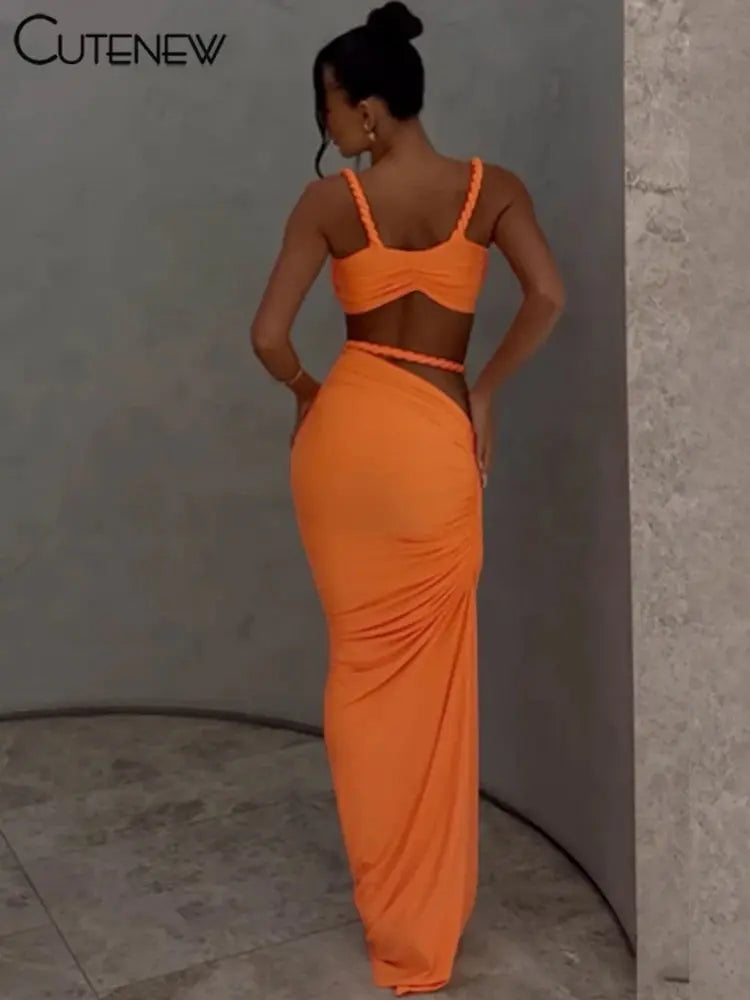 CuteNew Women’s 2-Piece Set – Pleated Crop Cami & Shirred High-Waist Maxi Skirt NNOS