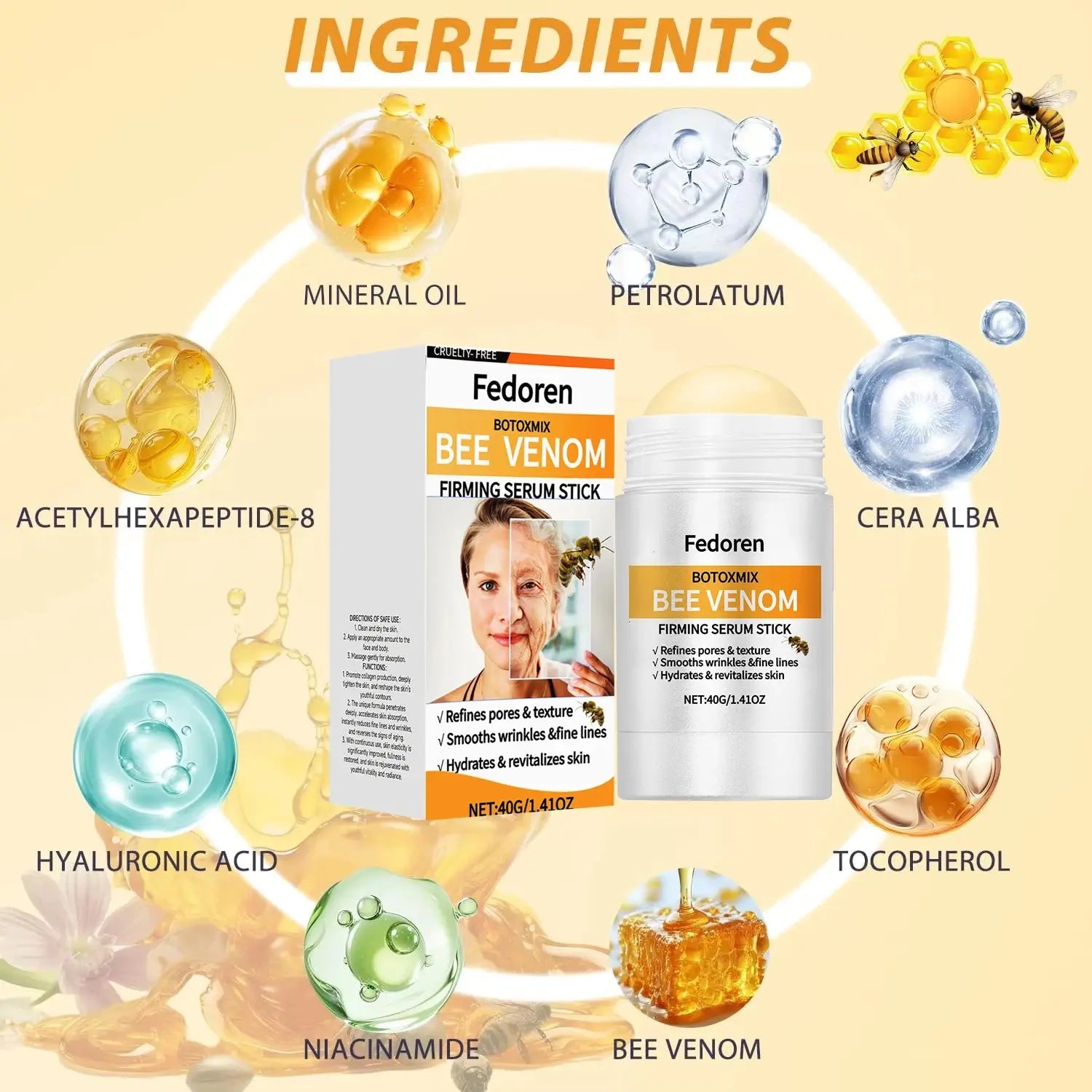 40g Bee Venom Firming Cream Stick Anti-Aging Face Serum Lifting Tightening Serum Skin Firming Cream Reduces Wrinkles Fine Lines NNOS