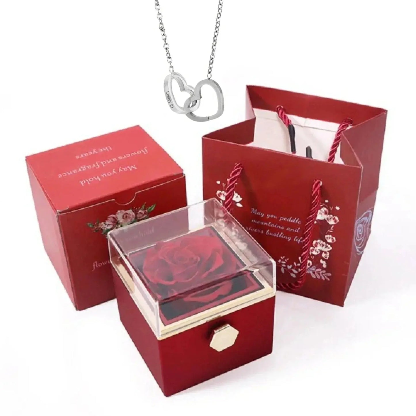 PolishedPlus Custom Names Heart Necklace Rotating Rose Box Pendant Chain Personalized Jewelry NNOS
