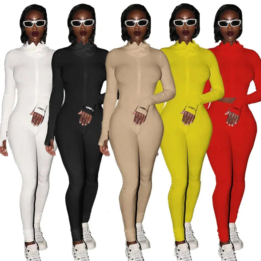 Women's Ribbed Rompers Long Sleeve Fitness Jumpsuit Embroidery Lucky Label Letter Zipper Streetwear Active Wear for Workout NNOS