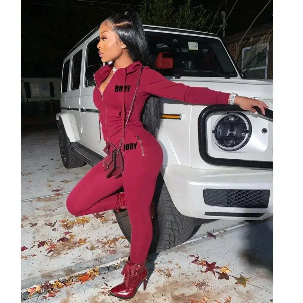 Women's Spring Winter 2 Piece Set Zipper Fly Hoodie And Pants Outfit High Stretch Polyester Spandex Body Letter Tracksuit Sweatsuit NNOS