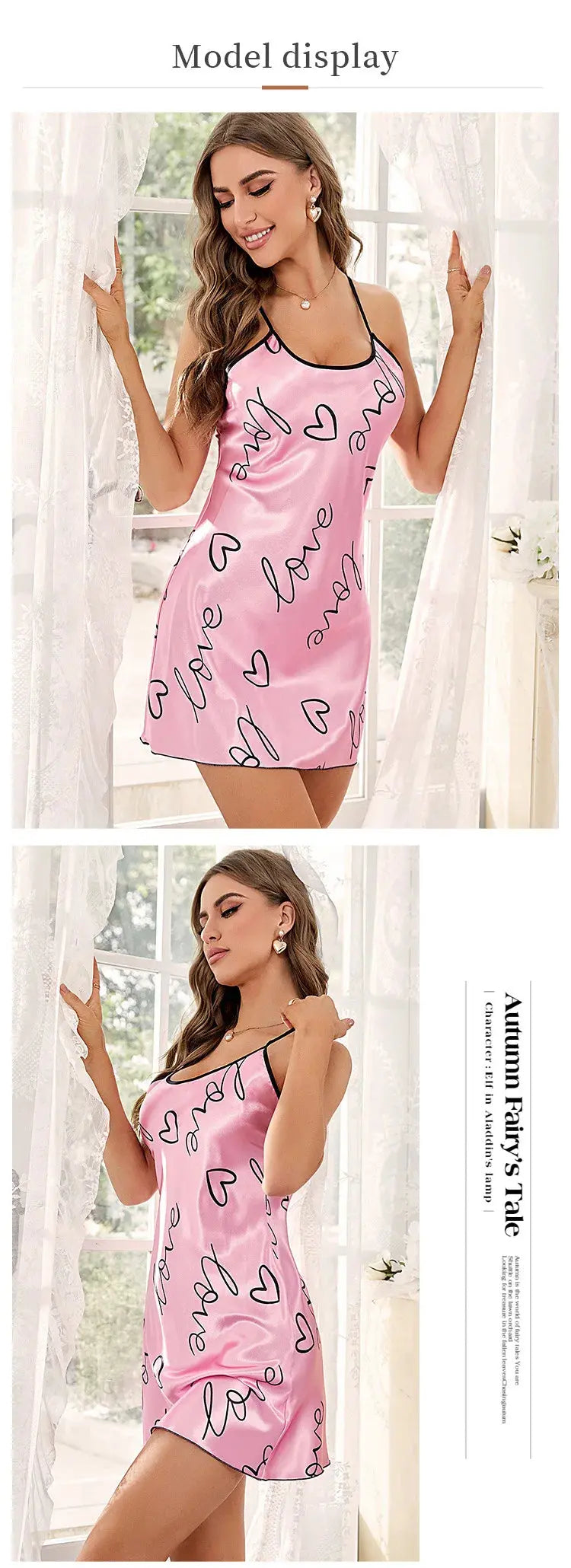 Heart Letter Print Nightdress Casual Round Neck Spaghetti Strap Sleep Dress Women's Sleepwear Dresses NNOS