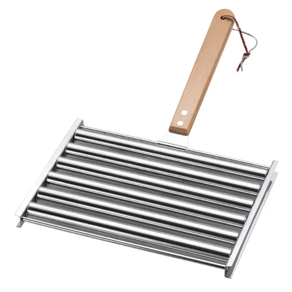 Hot Dog Roller Sausage Roller Rack Stainless Steel Hot Dog Grill Roller with Wooden Handle BBQ Hotdog Roller Grill Accessories NNOS