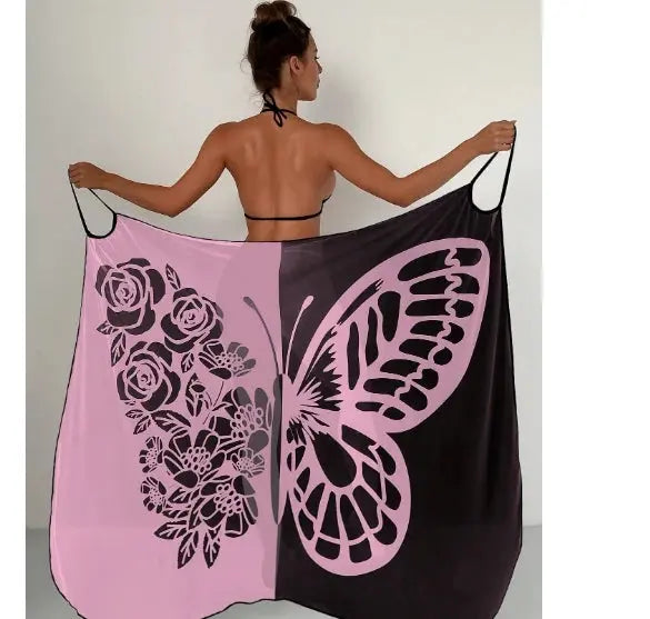 Sexy Butterfly Print Cover Up Swimwear Women Dress Summer Tunic Bikini Bath Sarong Wrap Skirt Swimsuit Elegant Lady Beachwear NNOS