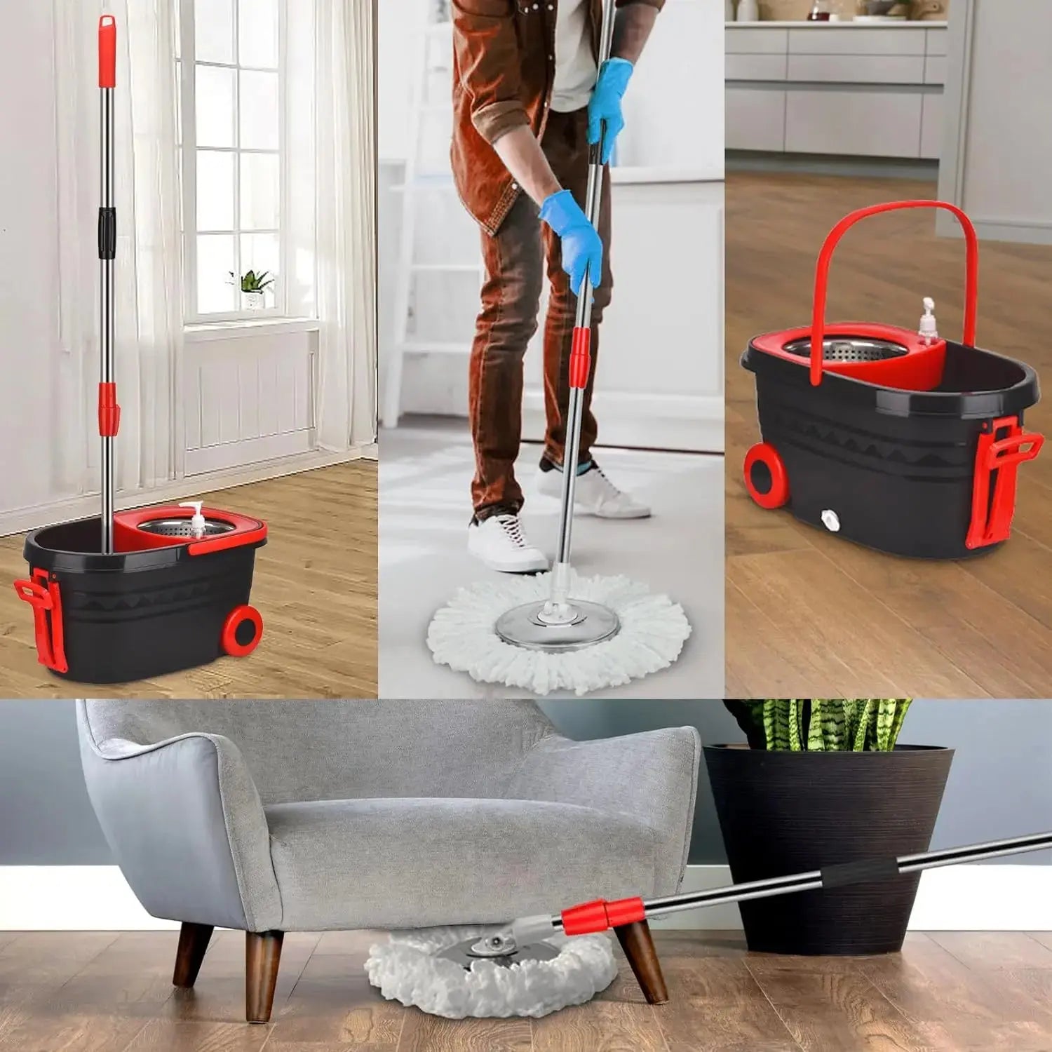 Black Spin Mop Bucket Sets Wrings System, Bucket with Wheels Extendable and Adjustable Handle, 3 Replacement Mop Refills NNOS