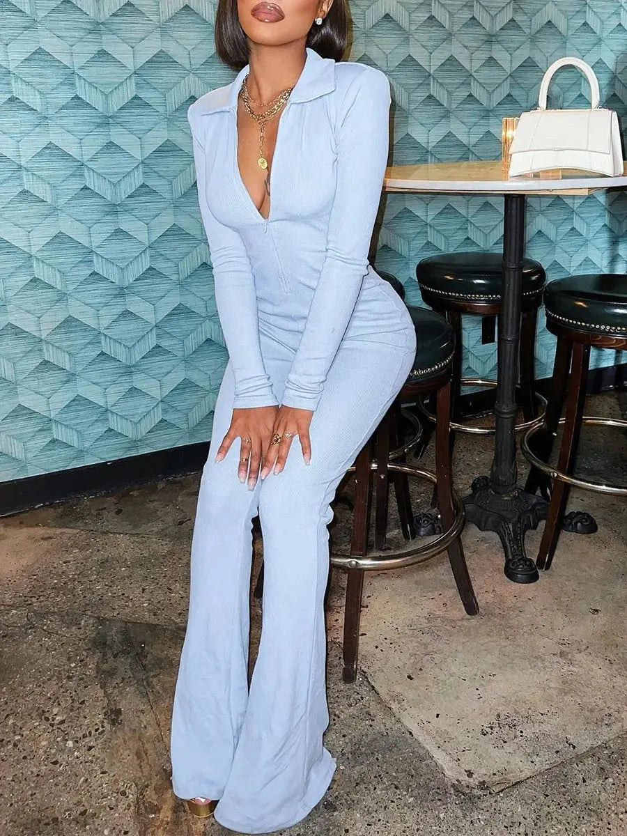 Elegant V-Neck Long Sleeve Skinny Flared Jumpsuit Zipper Design Women's Autumn Sporty Chic Ankle-Length Polyester Jumper NNOS
