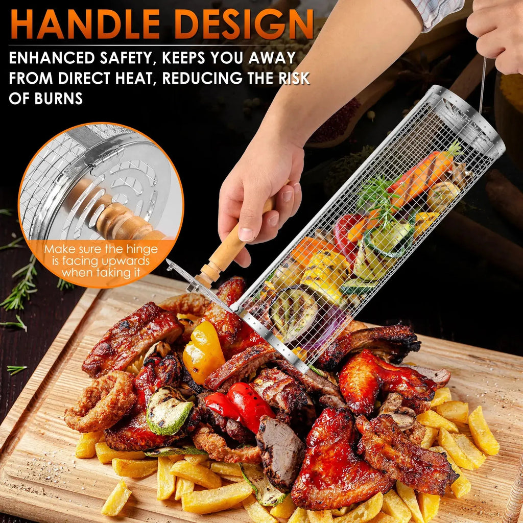 Portable Grill Basket – Stainless Steel with Wood Handle for Effortless BBQing NNOS