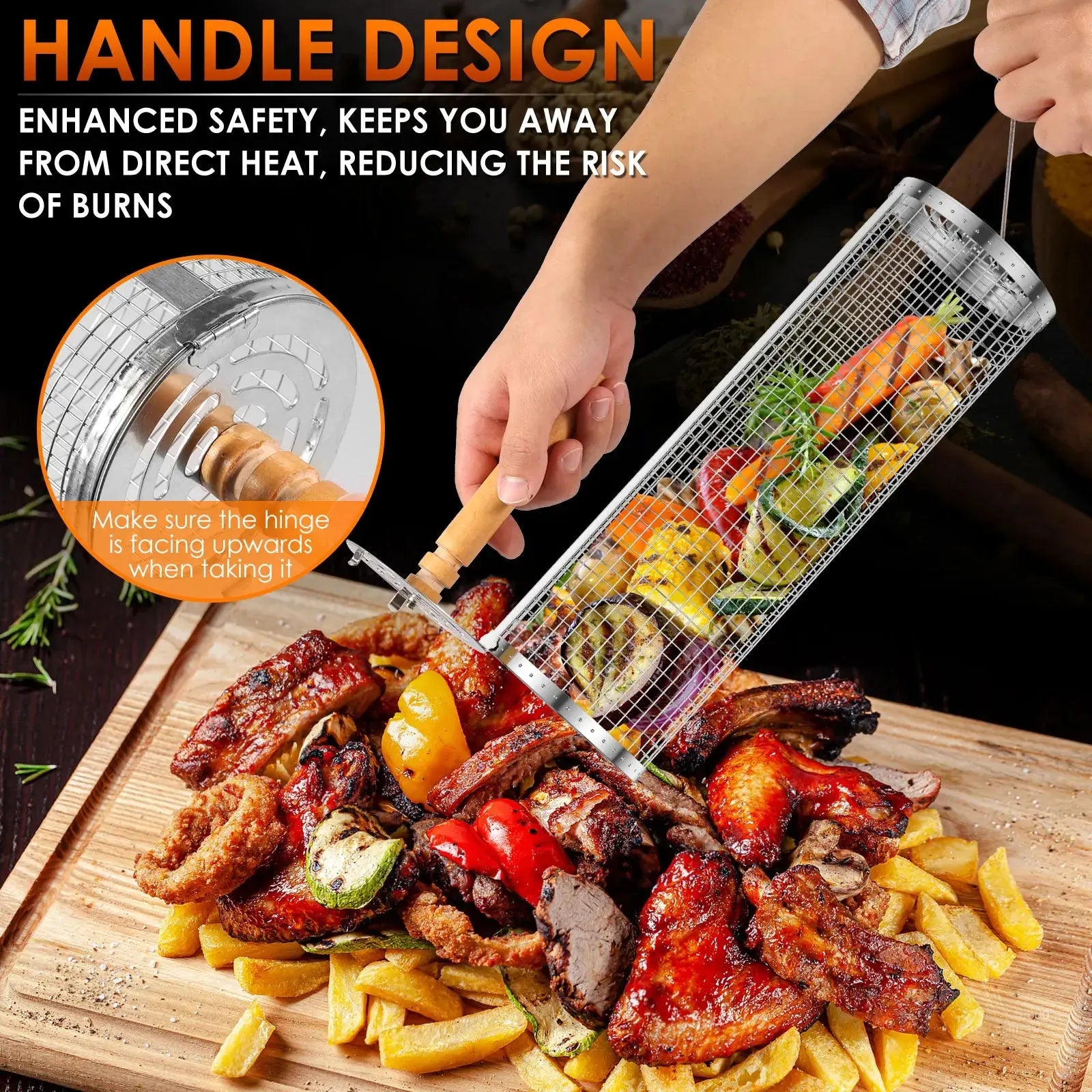 Portable Grill Basket – Stainless Steel with Wood Handle for Effortless BBQing NNOS