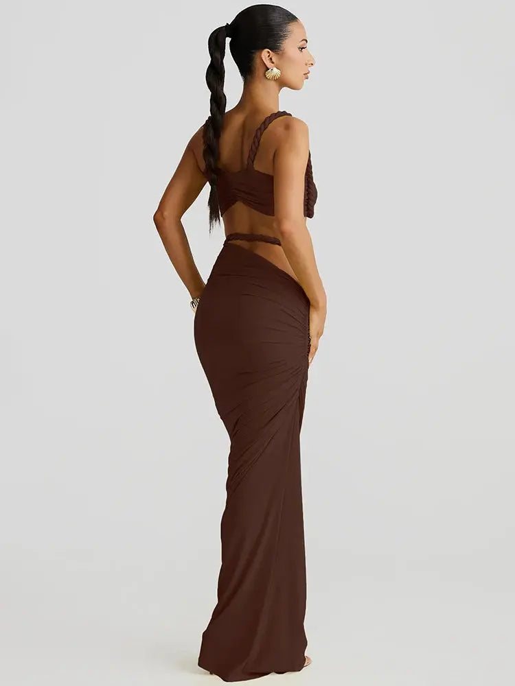 CuteNew Women’s 2-Piece Set – Pleated Crop Cami & Shirred High-Waist Maxi Skirt NNOS