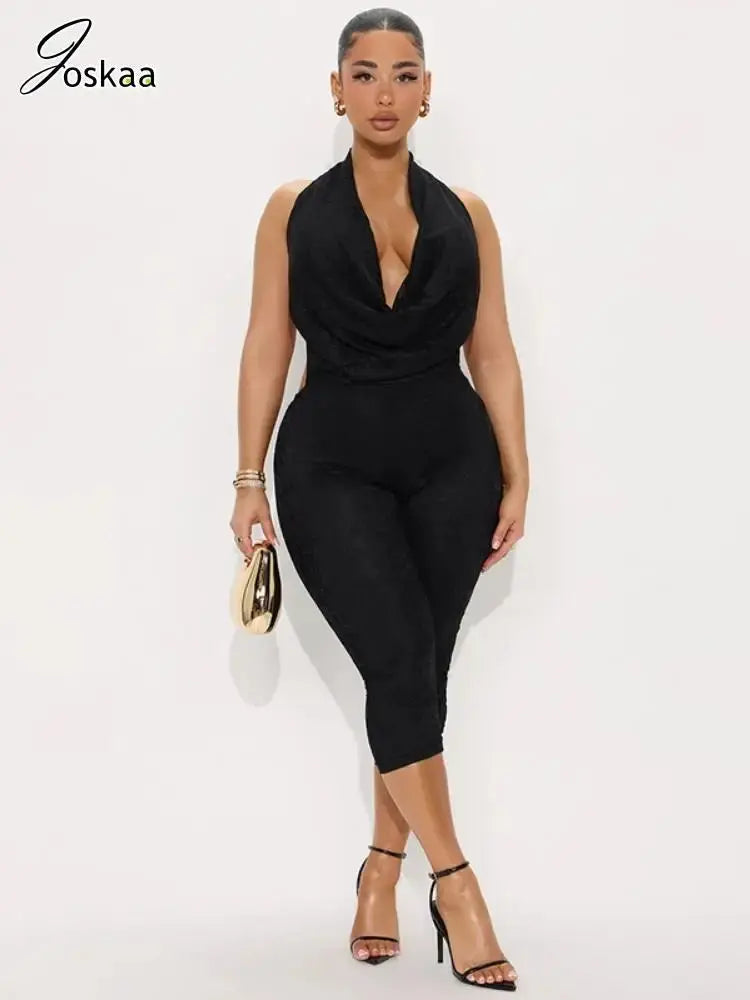 Joskaa 2025 Summer Lace Swing Collar Capri Pants Jumpsuits Women Sexy Halter Backless Bandage Skinny Rompers Midnight Clubwear NNOS