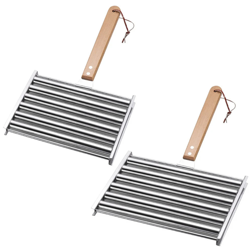 Hot Dog Roller Sausage Roller Rack Stainless Steel Hot Dog Grill Roller with Wooden Handle BBQ Hotdog Roller Grill Accessories NNOS