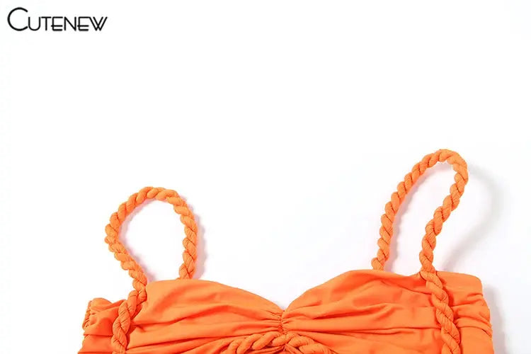 CuteNew Women’s 2-Piece Set – Pleated Crop Cami & Shirred High-Waist Maxi Skirt NNOS