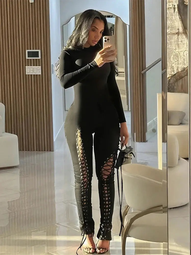 Sexy Fall Jumpsuits for Women DIY Shirring O-Neck Full Sleeve Stretch Polyester Slim Fit Ankle-Length Party Clubwear NNOS