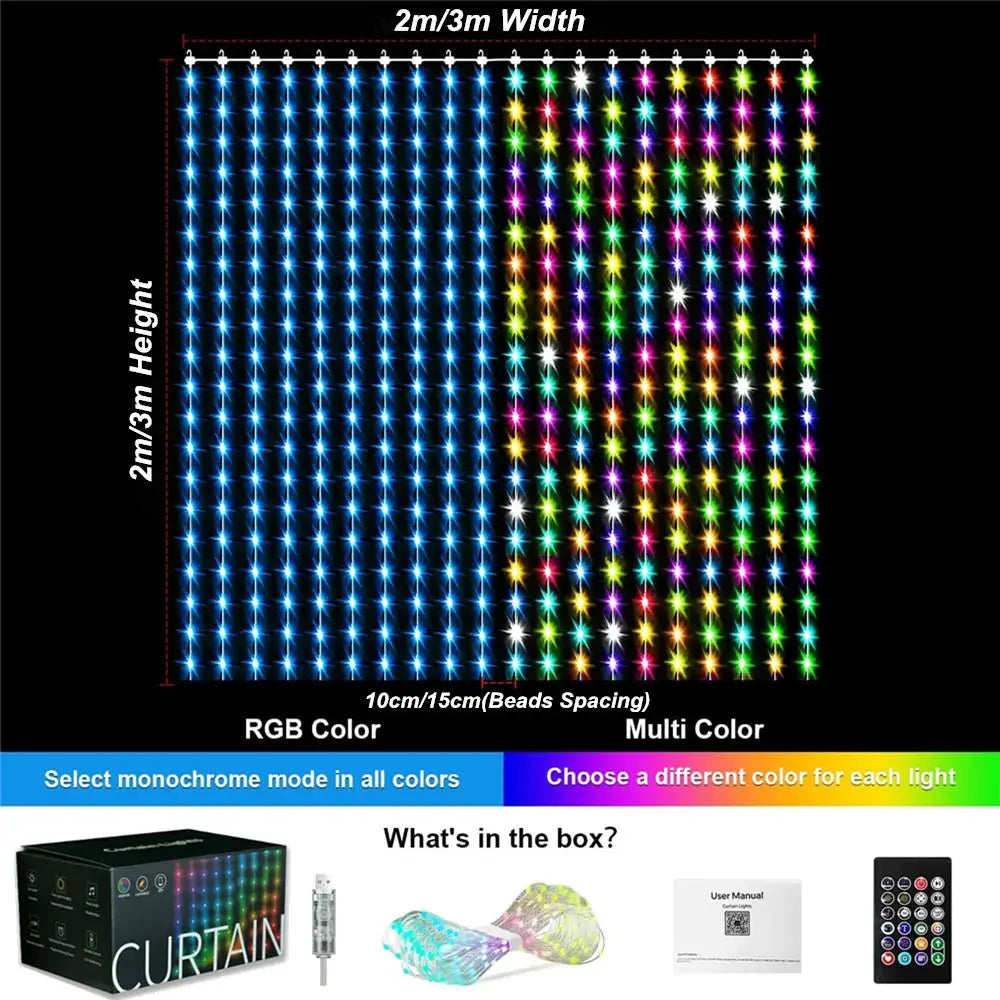 800 LED RGB Smart Curtain Lights – LED Party Lights with Music Sync, App & Remote Control NNOS