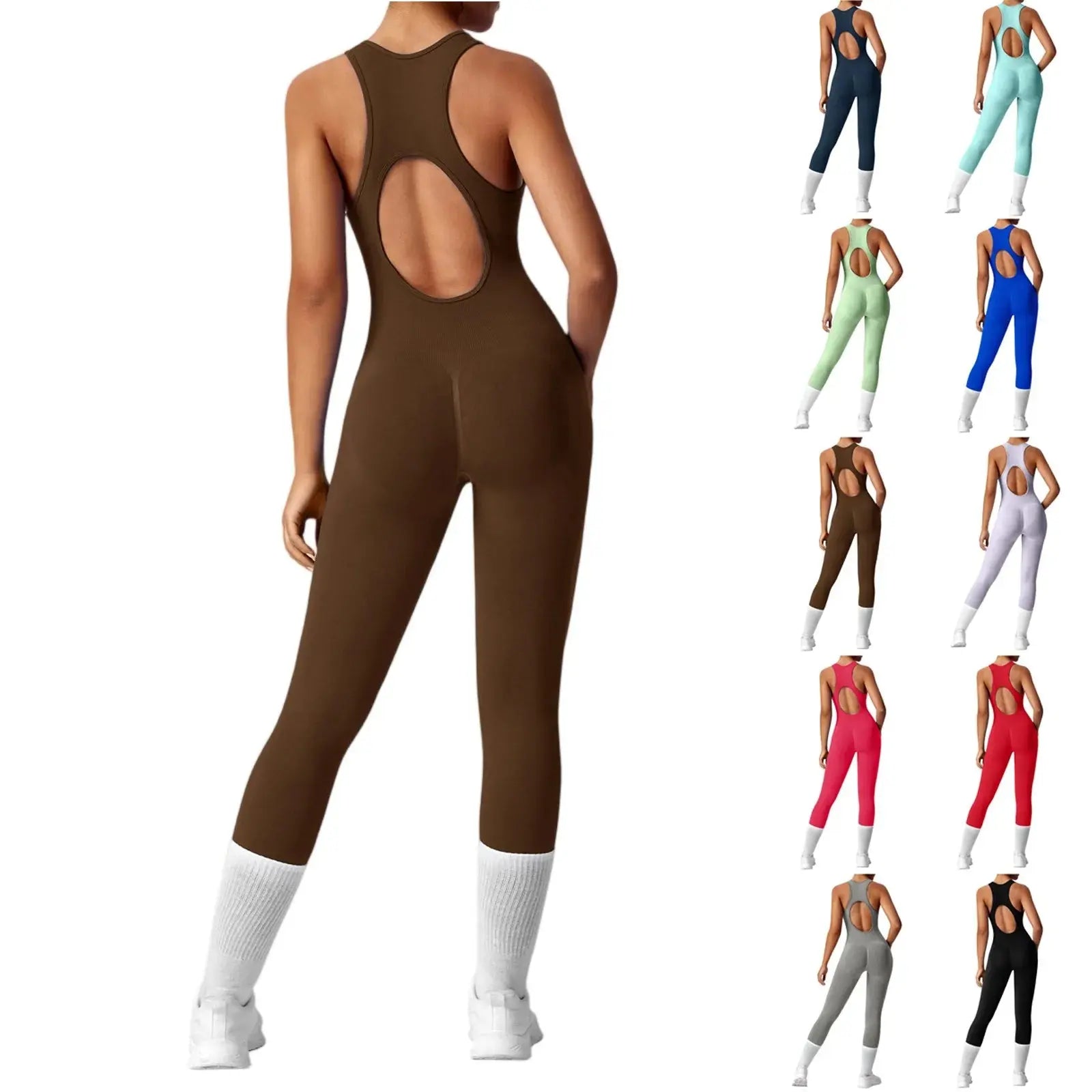 Ladies' Solid Color round Neck Sleeveless Yoga Jumpsuit Breathable Front Zipper Soft Comfy Fitness Calf-Length Sporty Summer NNOS