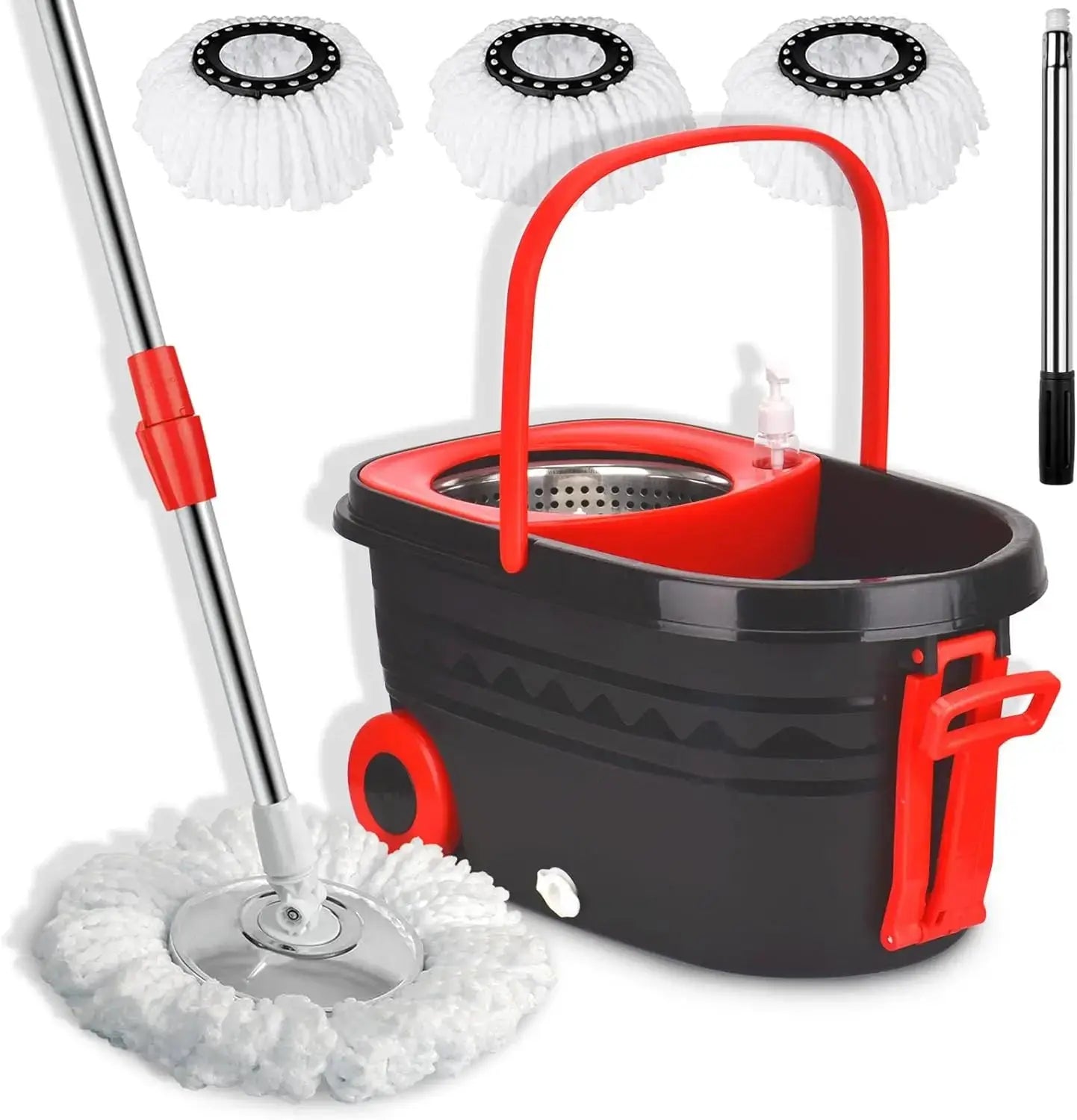 Black Spin Mop Bucket Sets Wrings System, Bucket with Wheels Extendable and Adjustable Handle, 3 Replacement Mop Refills NNOS