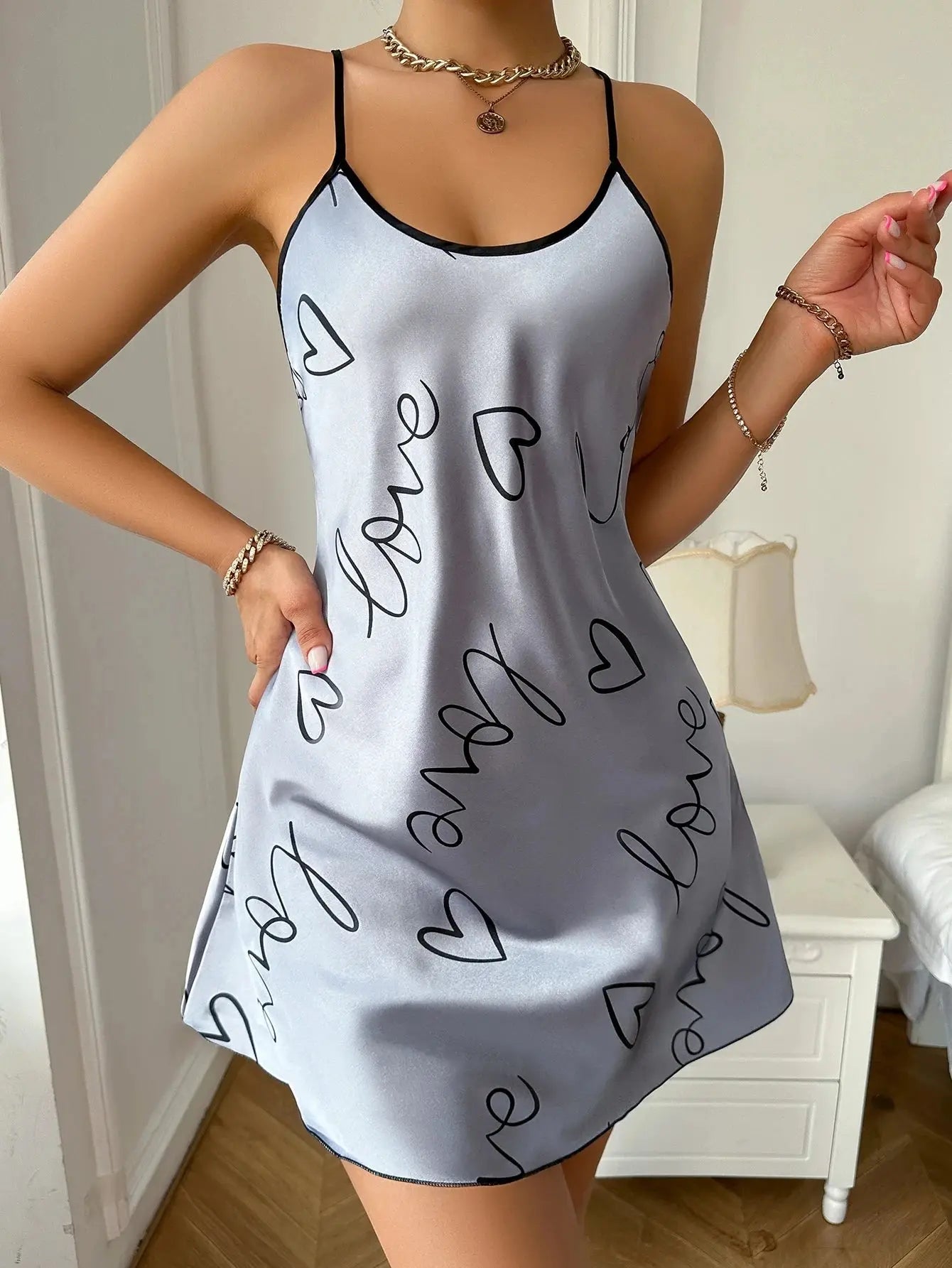 Heart Letter Print Nightdress Casual Round Neck Spaghetti Strap Sleep Dress Women's Sleepwear Dresses NNOS