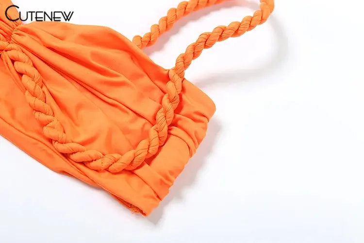 CuteNew Women’s 2-Piece Set – Pleated Crop Cami & Shirred High-Waist Maxi Skirt NNOS