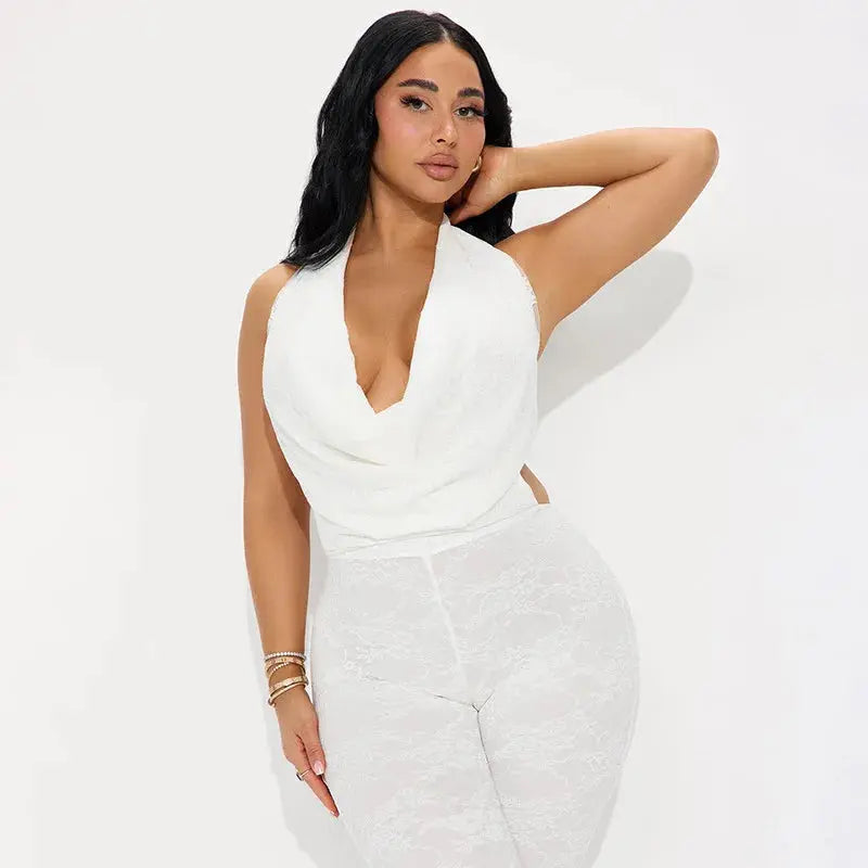 Joskaa 2025 Summer Lace Swing Collar Capri Pants Jumpsuits Women Sexy Halter Backless Bandage Skinny Rompers Midnight Clubwear NNOS