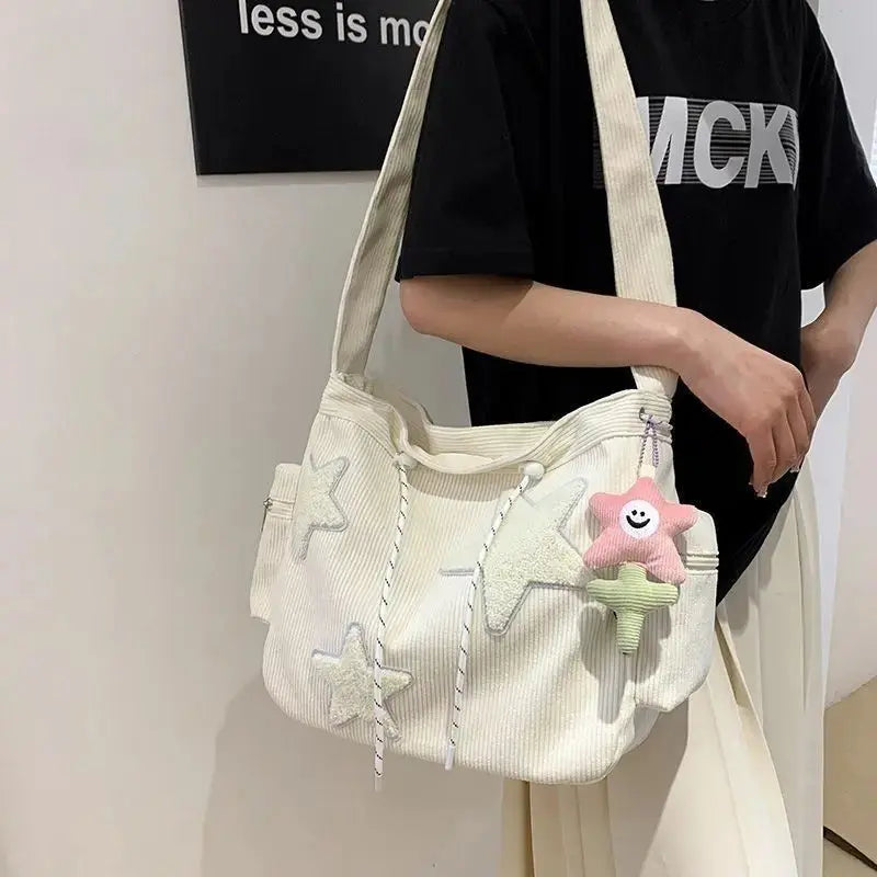Trendy Corduroy Tote Bag for Women – Niche Star Design, Large-Capacity Shoulder & Crossbody Bag for Students & Stylish Commuters NNOS